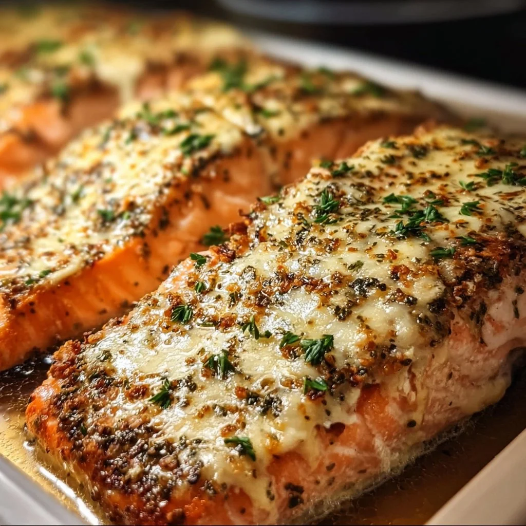 Baked Boursin Salmon dish garnished with herbs