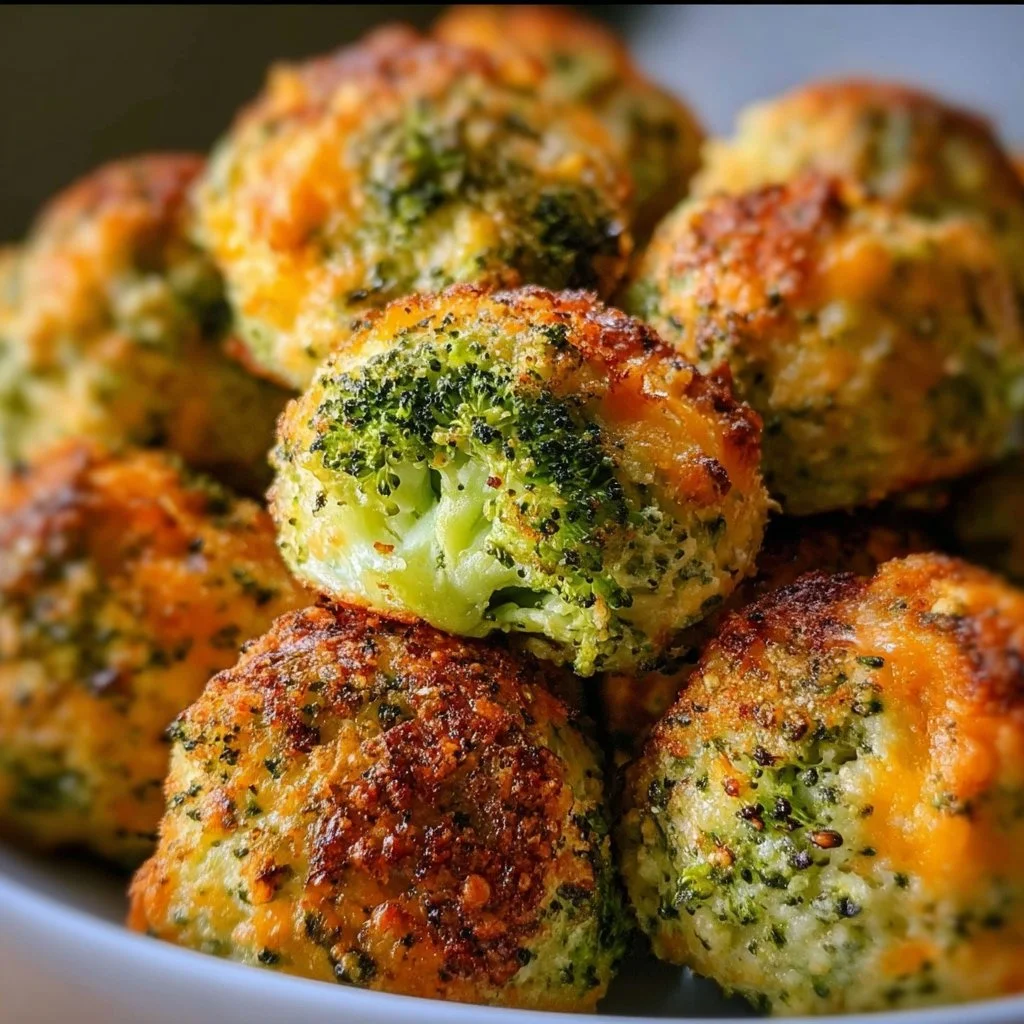 Baked broccoli cheese balls on a plate, golden brown and delicious.