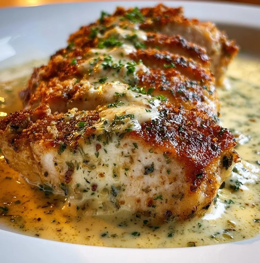 Baked Caesar Chicken garnished with creamy Parmesan sauce on a plate