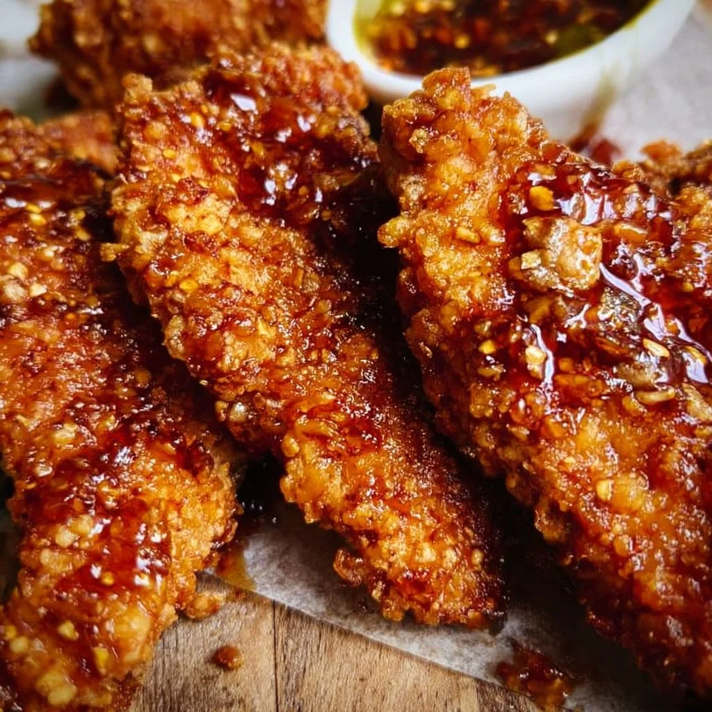 Baked hot honey chicken tenders on a plate, garnished with herbs.