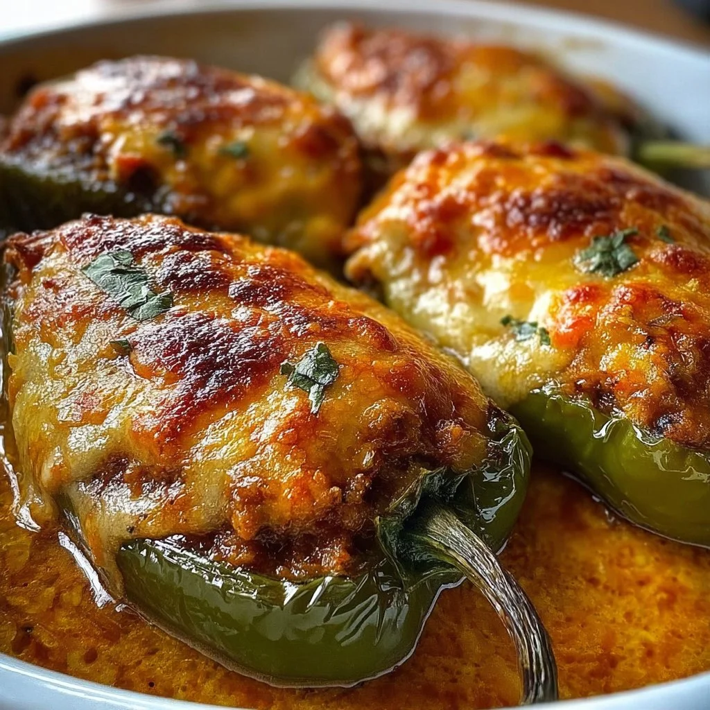 Baked stuffed peppers with colorful fillings in a baking dish