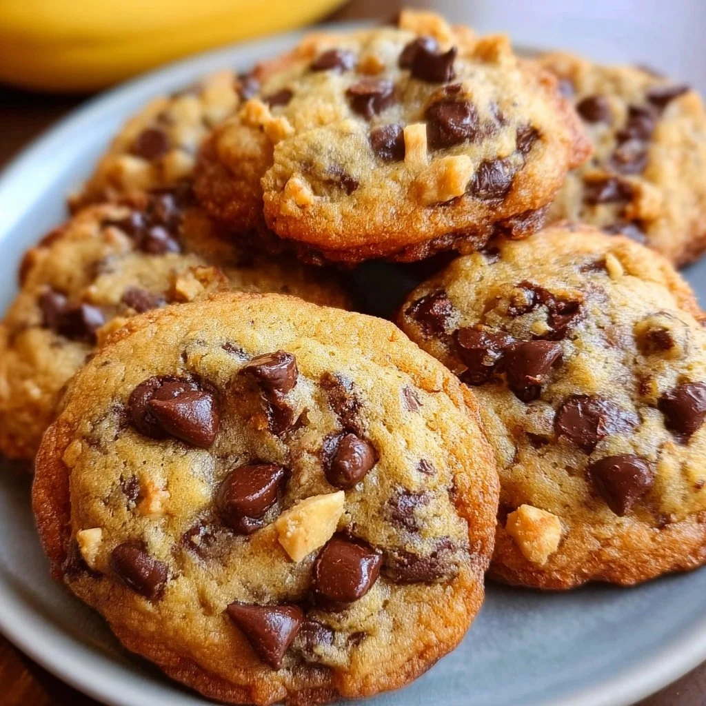 Delicious banana bread chocolate chip cookies on a plate.