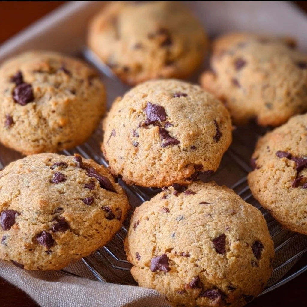 Freshly baked banana chocolate chip cookies on a cooling rack.