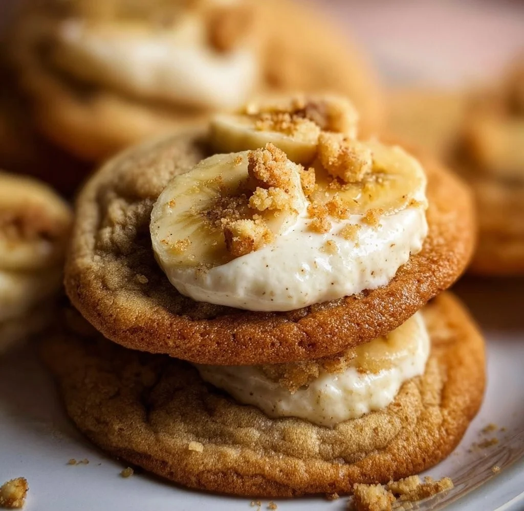 Homemade banana pudding cookies with creamy filling and banana slices