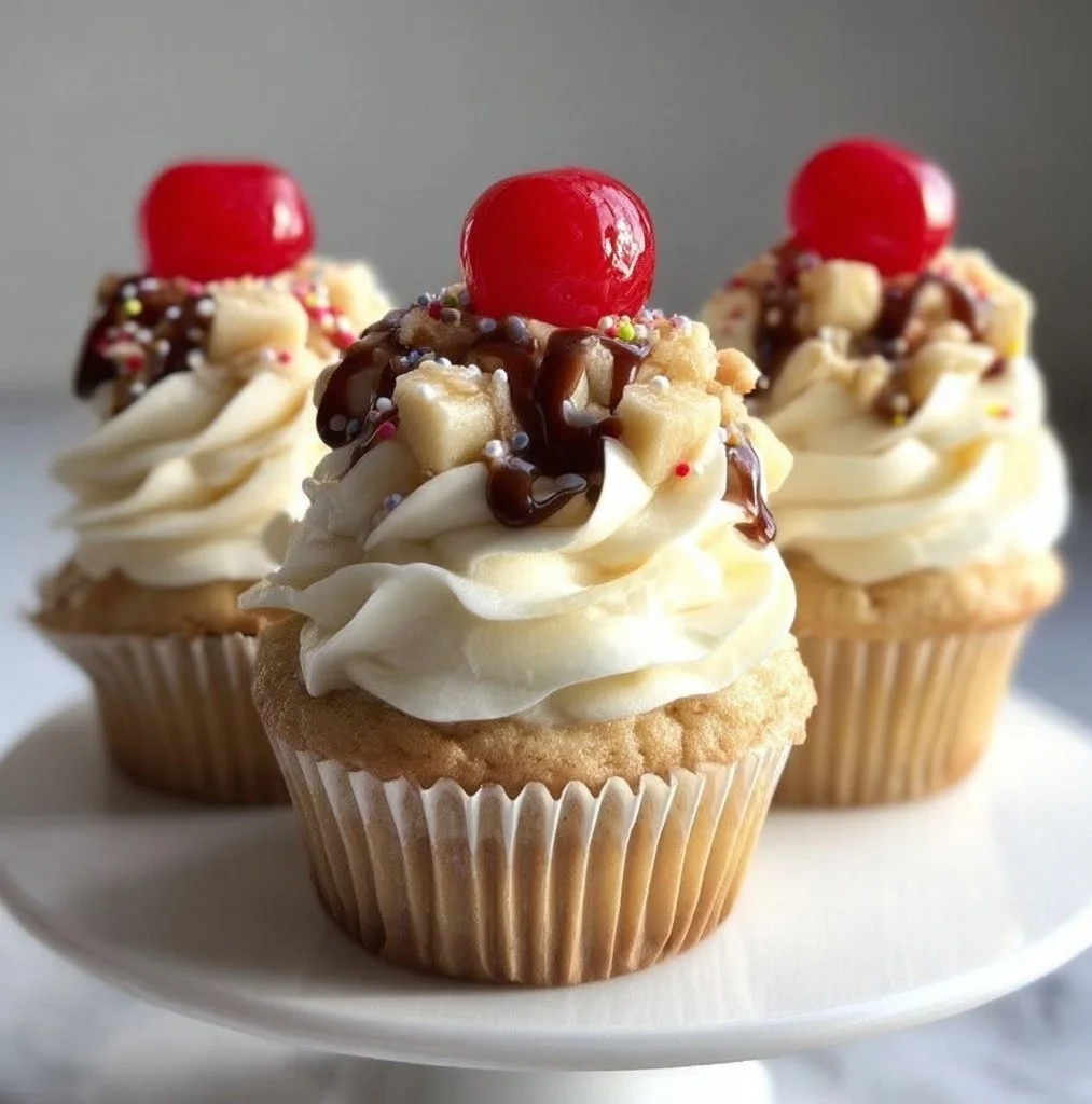 Delicious banana split cupcakes topped with whipped cream and cherries