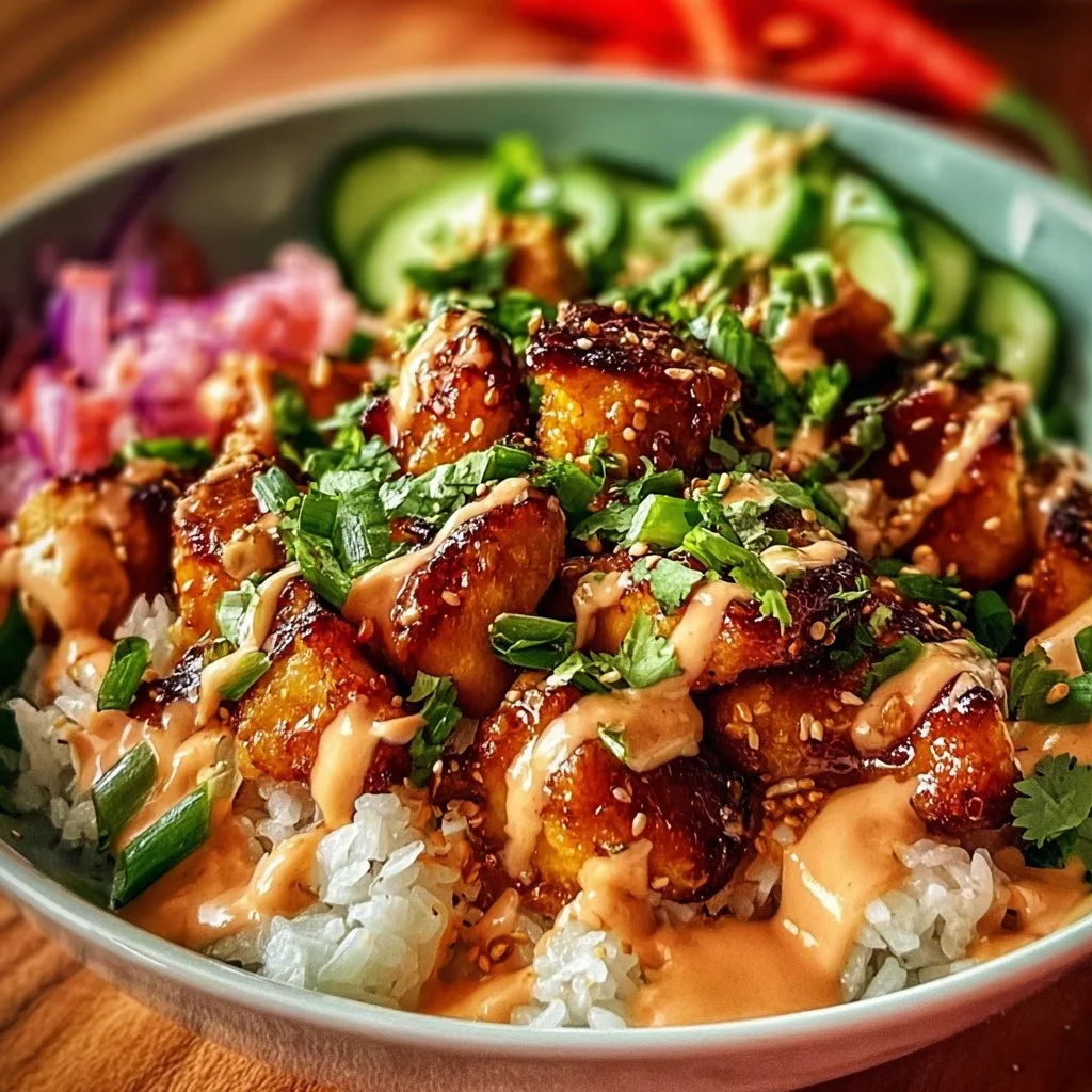 Delicious Bang Bang Chicken Bowl with crispy chicken, rice, and fresh vegetables