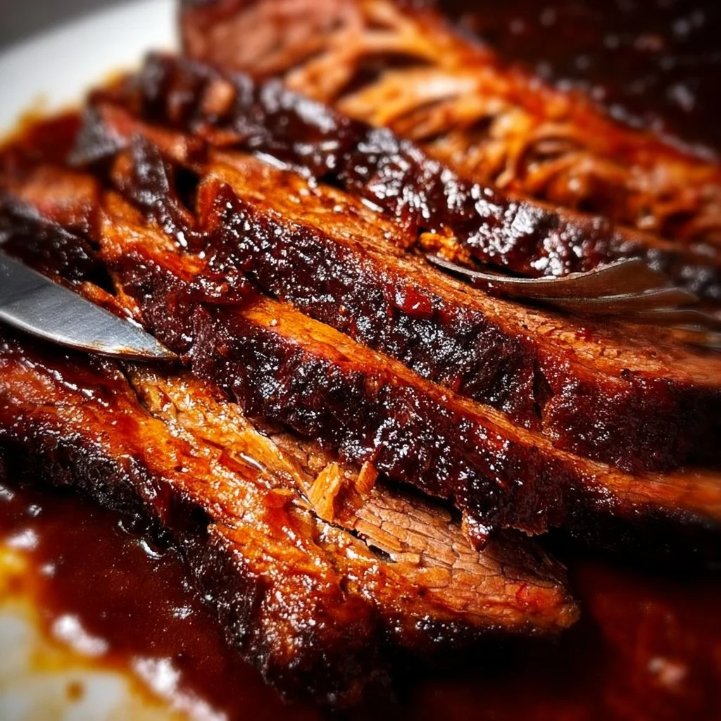 Juicy BBQ Brisket served with sides and garnished, ready for a delicious meal.