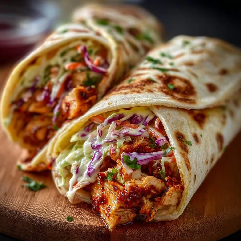 BBQ chicken coleslaw wrap on a plate garnished with herbs