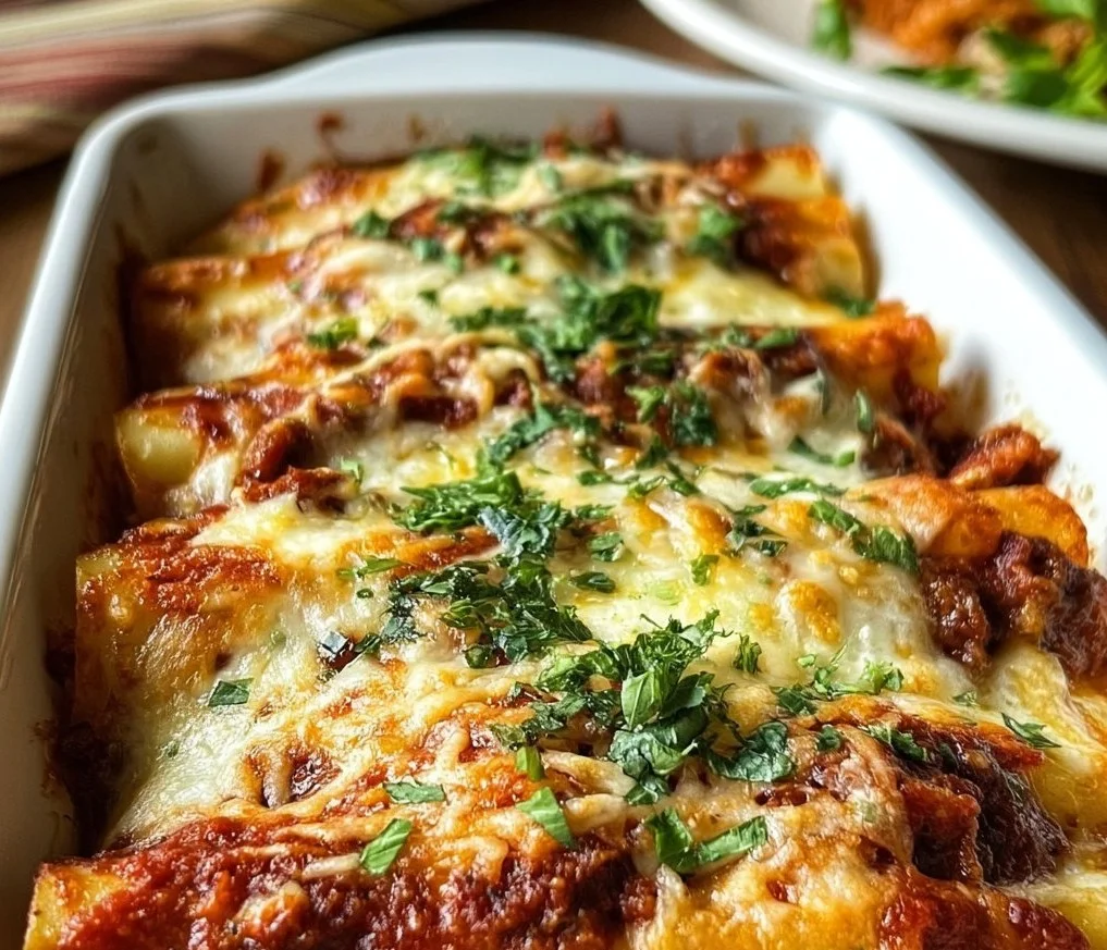 Plate of Beef and Cheese Manicotti topped with marinara sauce and cheese