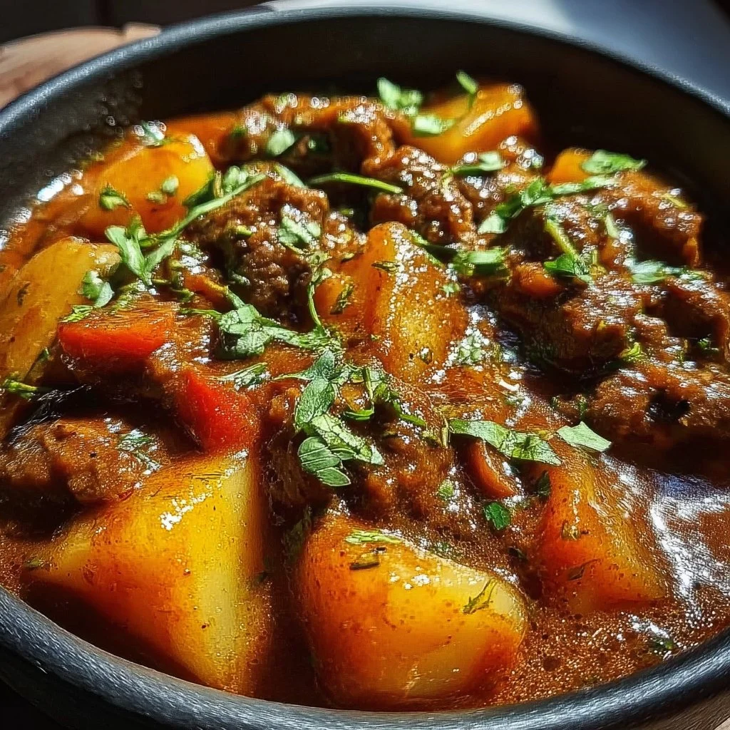 Delicious bowl of Beef Goulash served with fresh herbs