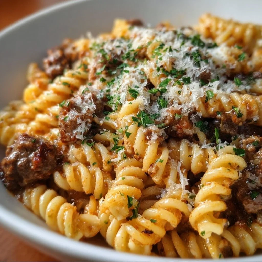 Delicious plate of beef rotini in Parmesan sauce topped with herbs