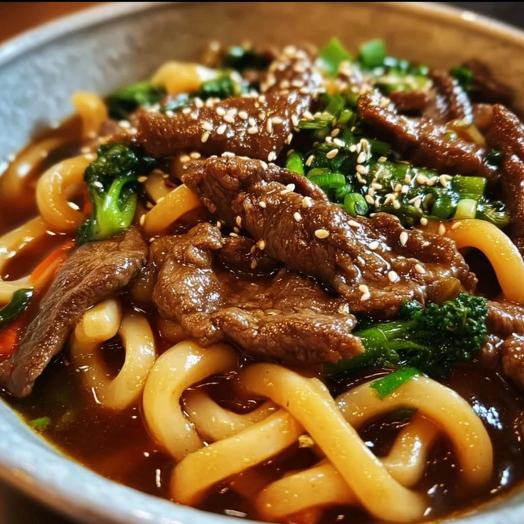 Bowl of flavorful beef udon noodles topped with green onions and sesame seeds