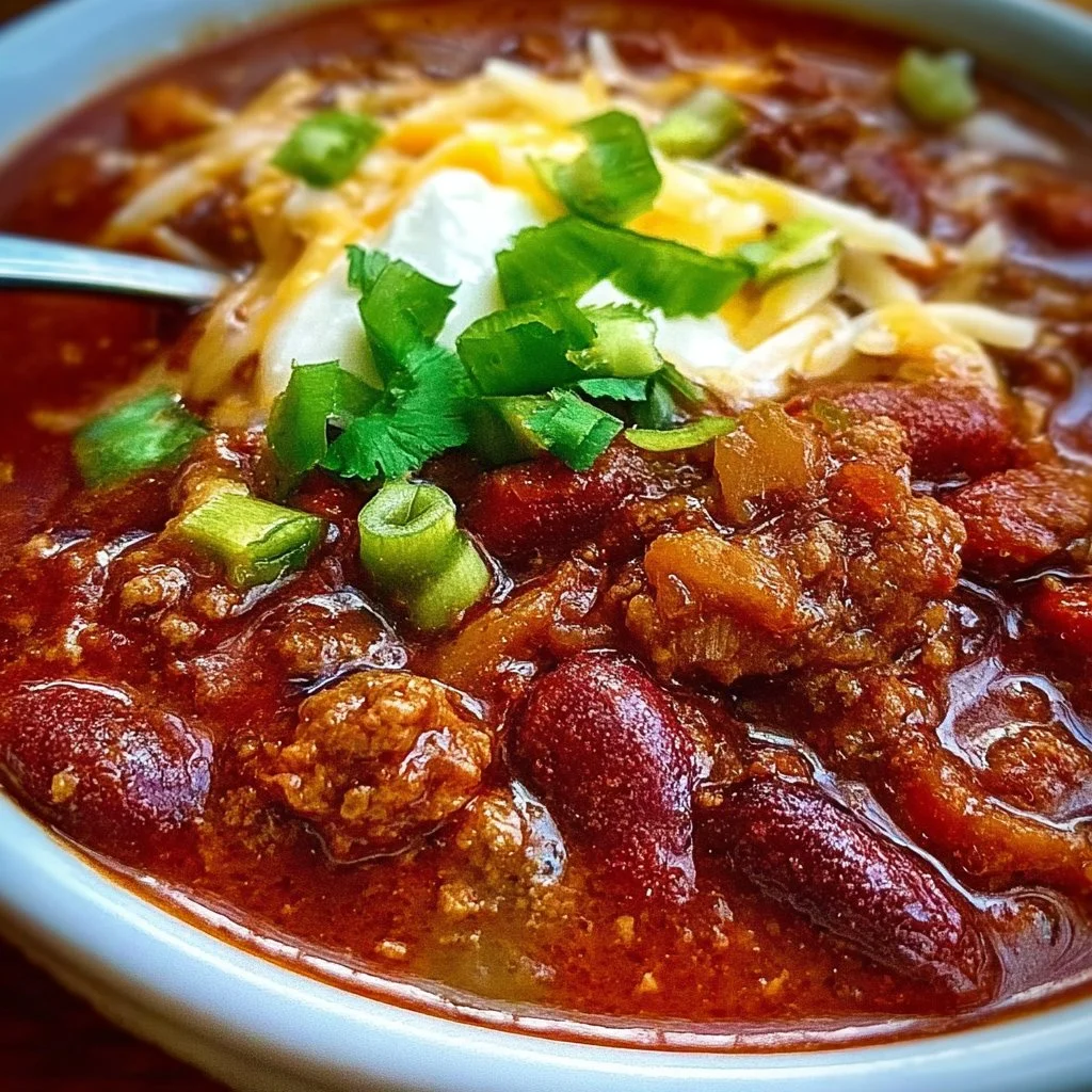 Bowl of classic low sodium chili topped with fresh herbs and diced onions