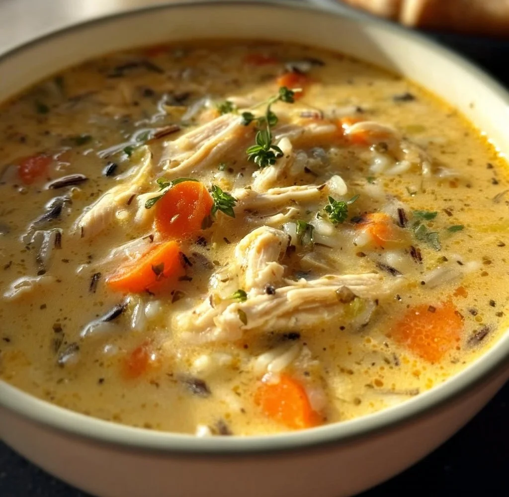 Bowl of creamy chicken wild rice soup inspired by Panera's recipe
