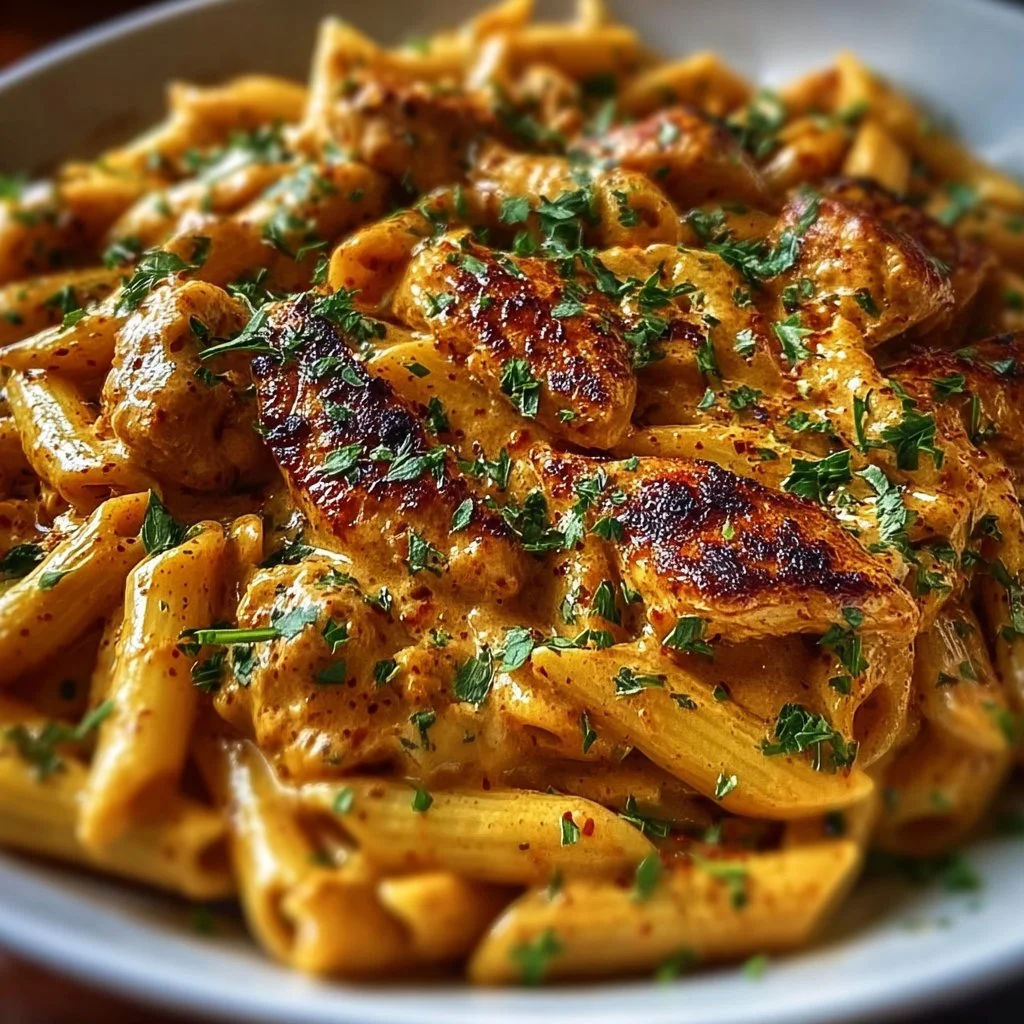 Delicious cowboy butter chicken pasta garnished with fresh herbs.