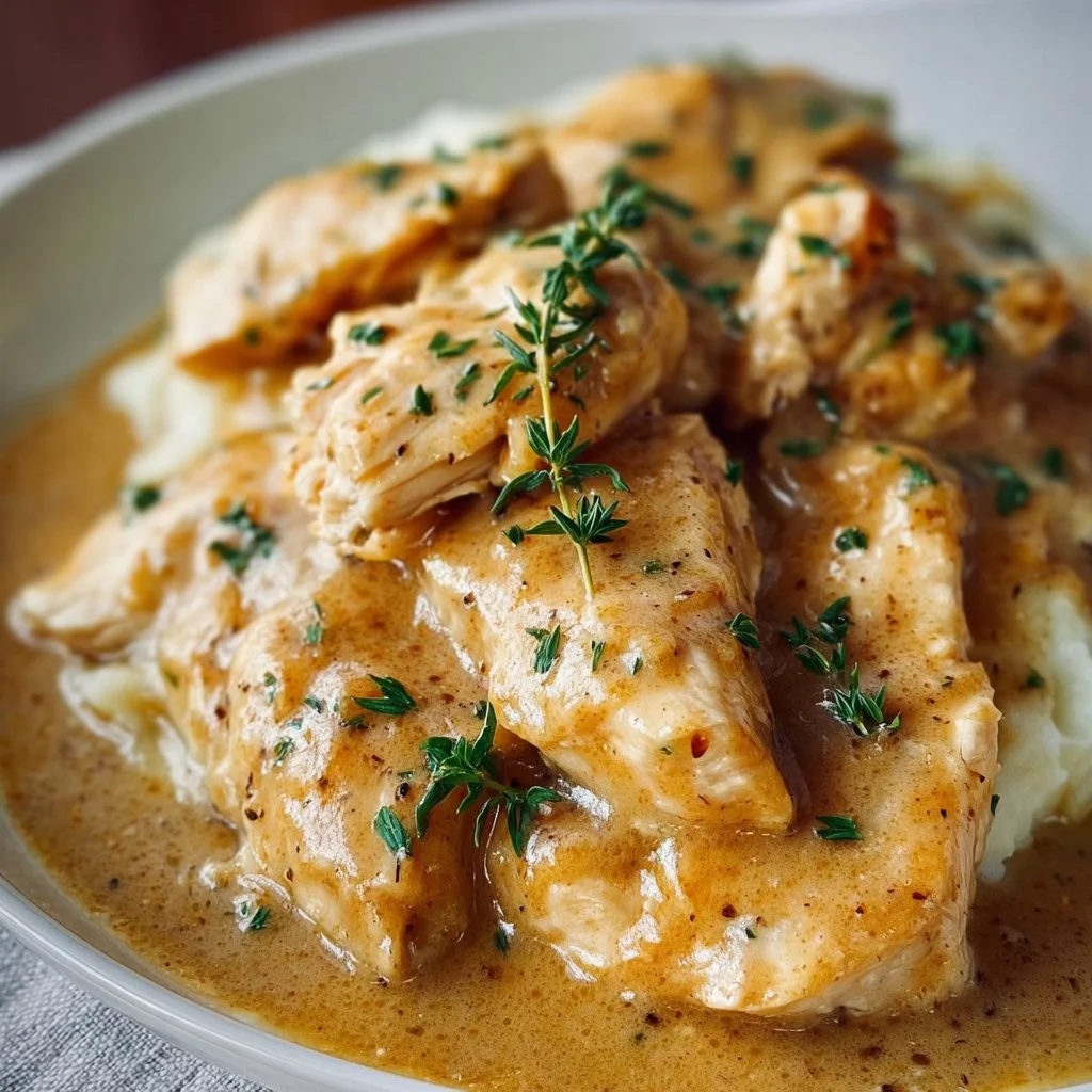 Delicious crockpot chicken served with rich gravy on a plate