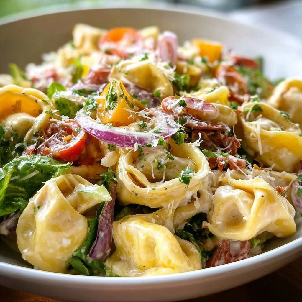 Delicious Grinder Tortellini Salad with colorful vegetables and dressing.
