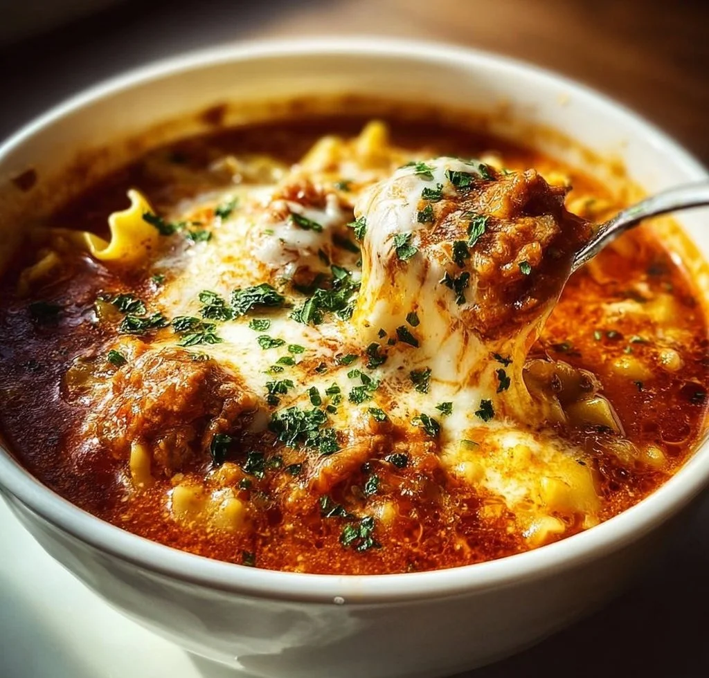 Delicious bowl of lasagna soup garnished with cheese and herbs