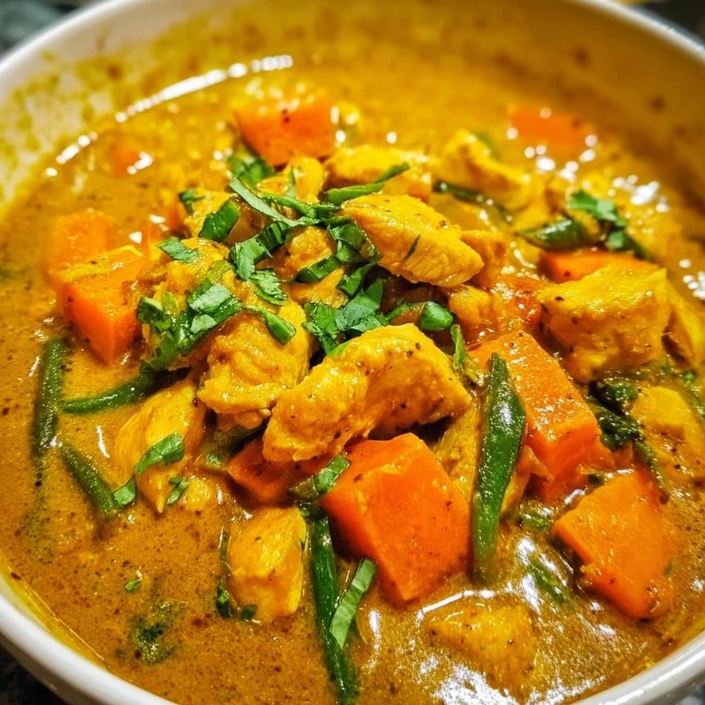 Delicious homemade Yellow Curry served in a bowl with fresh herbs and ingredients.