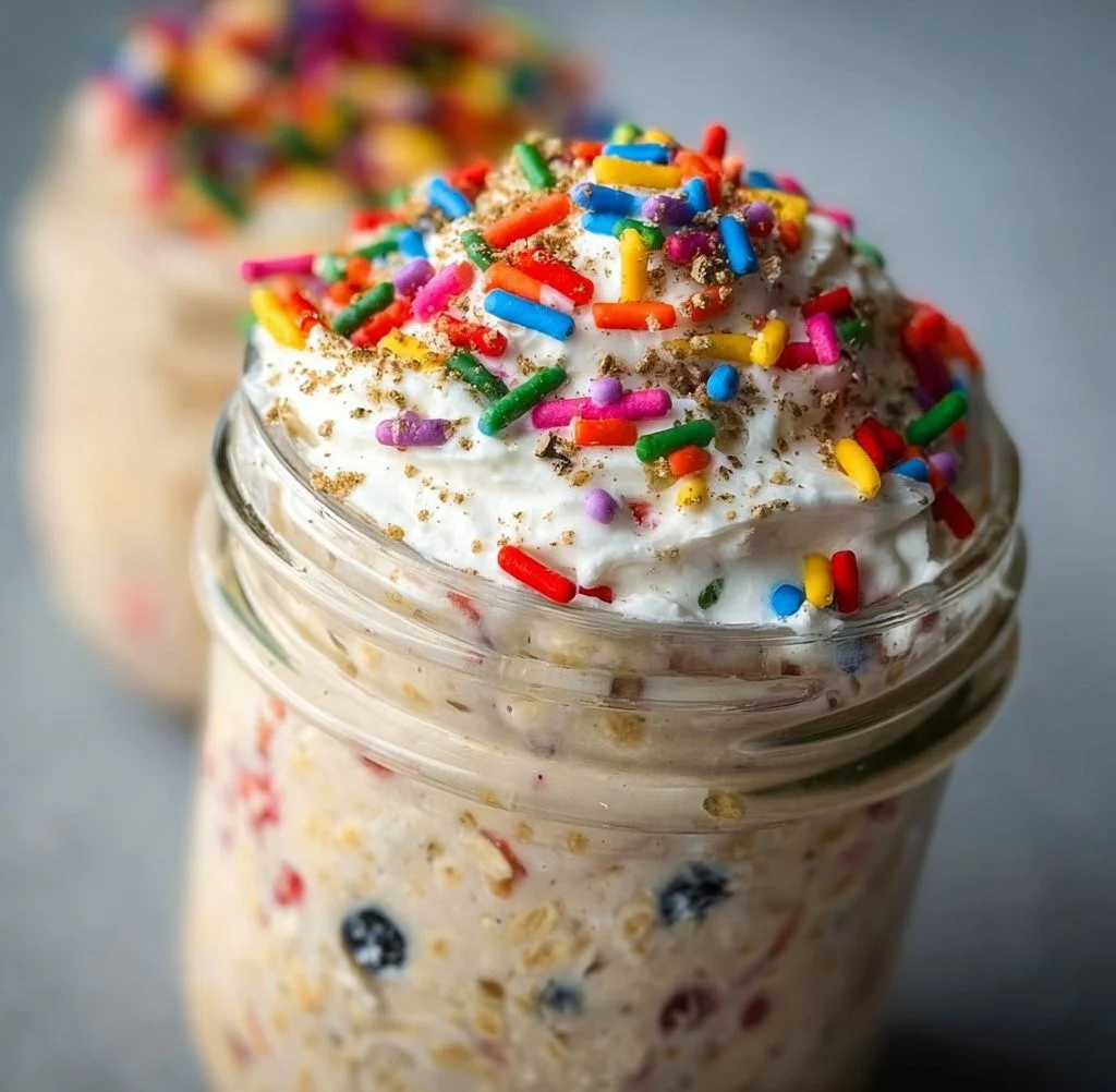 Birthday cake overnight oats topped with sprinkles and fruit