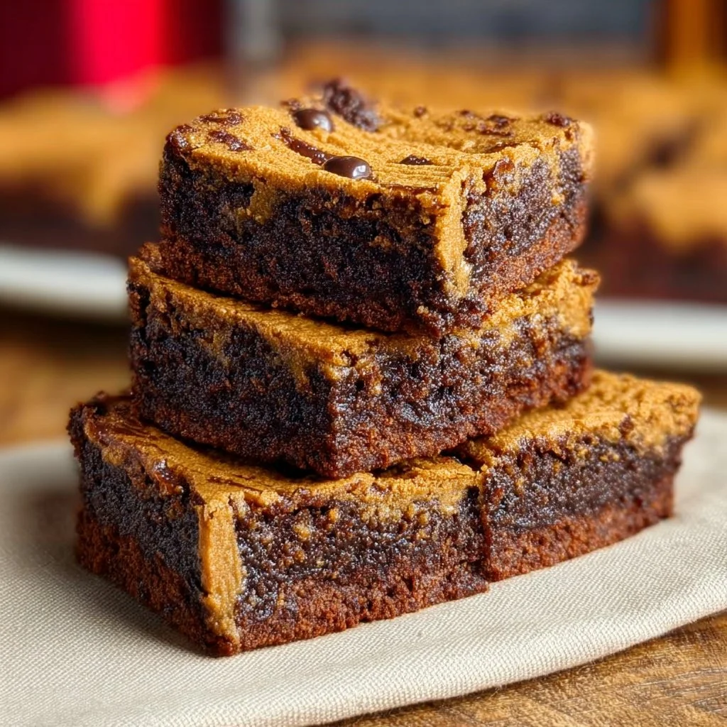 Delicious Biscoff Brownies topped with Biscoff spread and chocolate chips