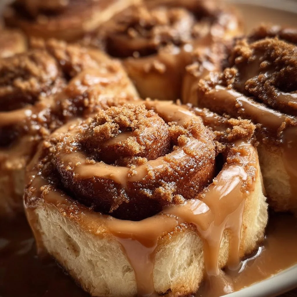 Freshly baked Biscoff cookie cinnamon rolls drizzled with icing.