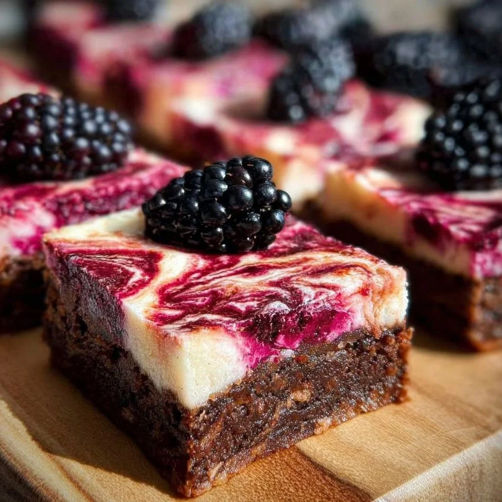 Delicious Blackberry Cheesecake Brownies with a cream cheese layer and fresh blackberries.