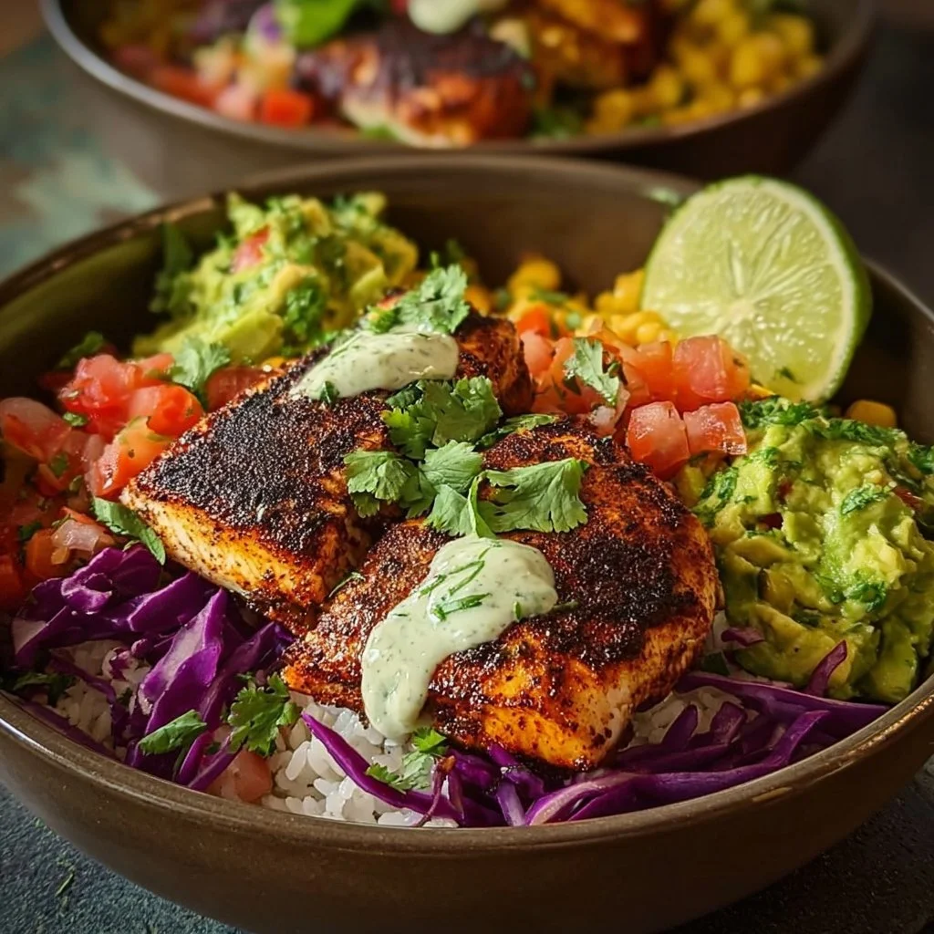 Blackened Fish Taco Bowl with fresh toppings and cilantro garnish