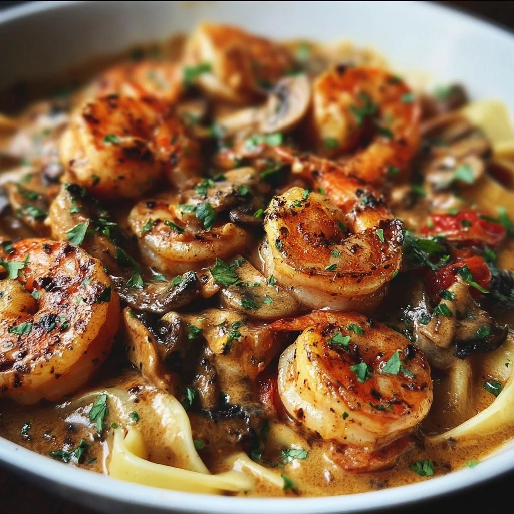 A delicious plate of blackened shrimp stroganoff garnished with herbs.