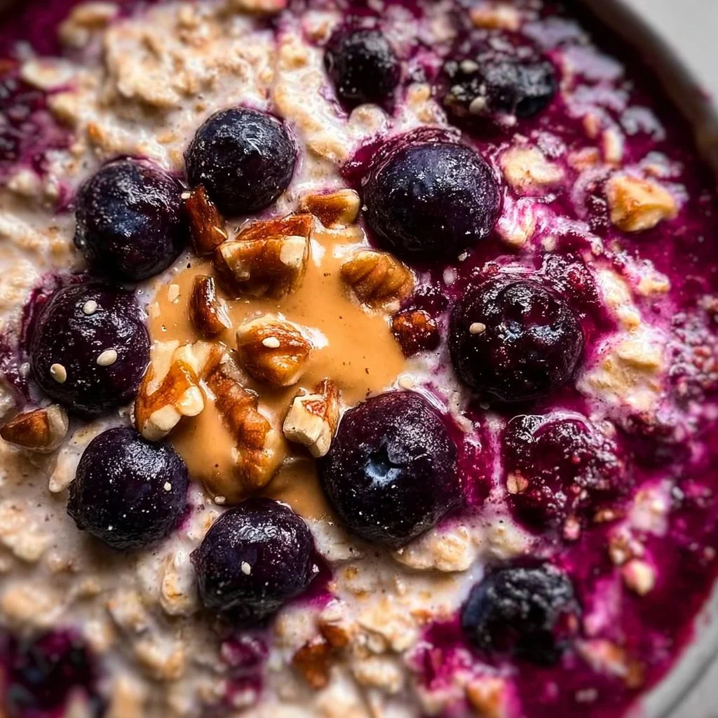 Bowl of blueberry overnight oats garnished with fresh blueberries and almonds