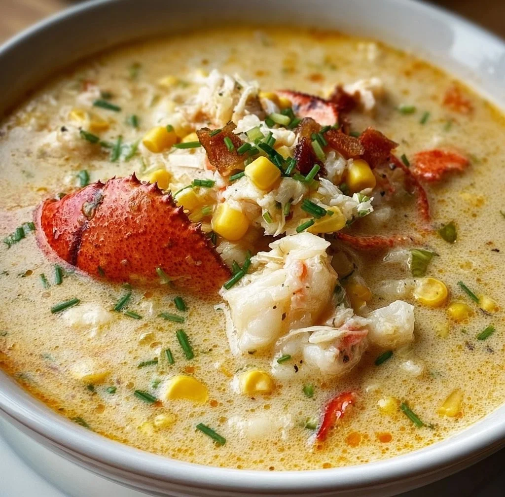 Bobby Flay’s delicious Crab & Corn Chowder garnished and ready to serve