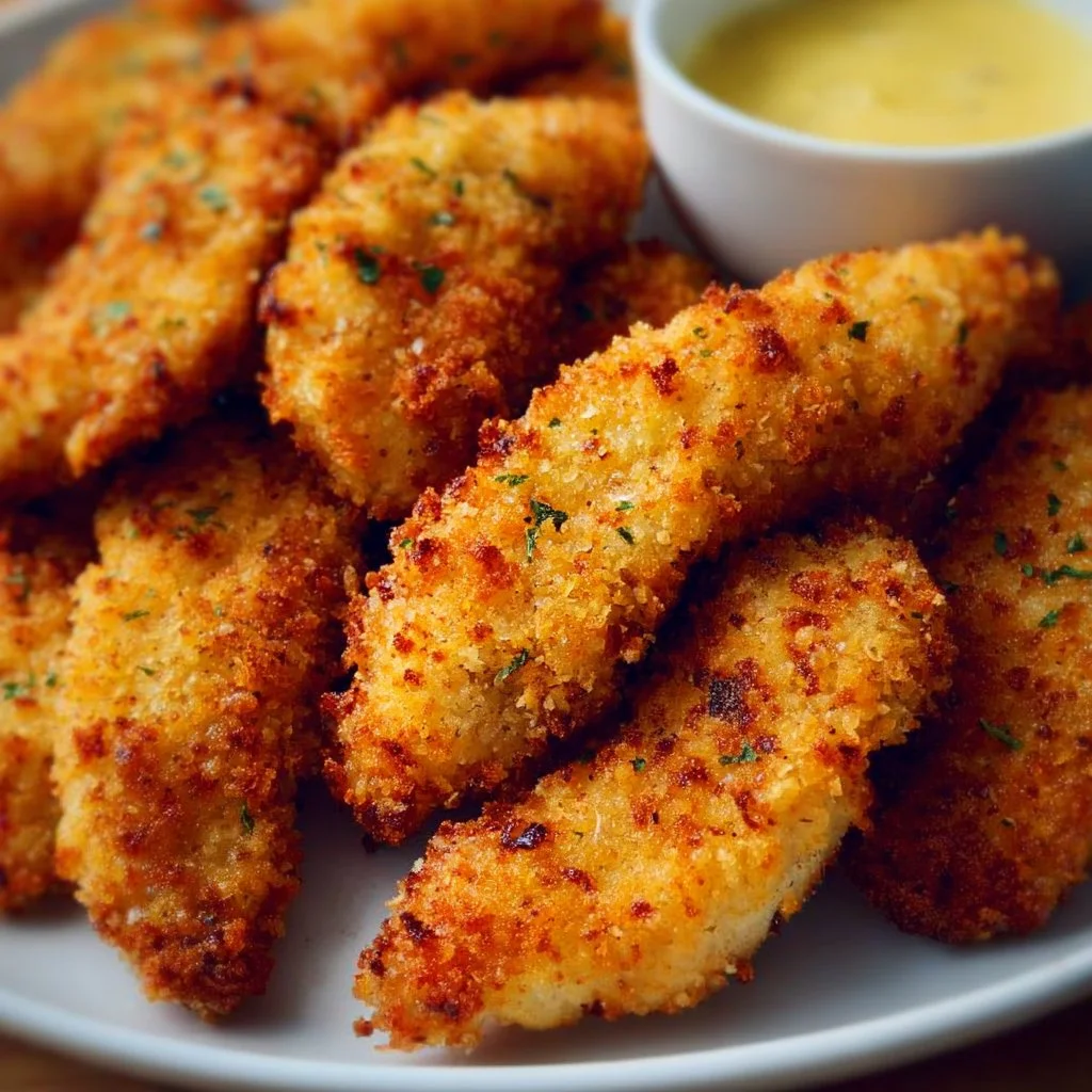 Crispy breaded air fryer chicken tenders served on a plate with dipping sauce.