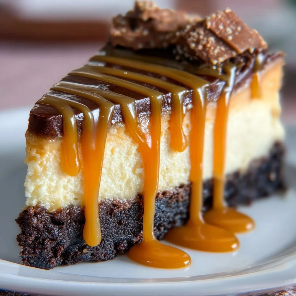 Decadent brownie caramel cheesecake slice topped with drizzled caramel