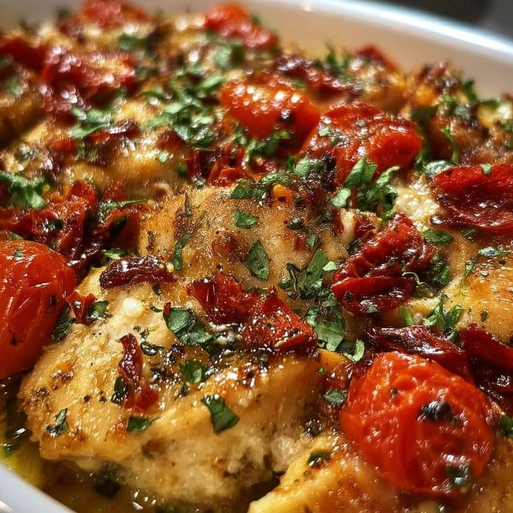 Bruschetta Chicken Casserole topped with fresh tomatoes and basil for a flavorful dish
