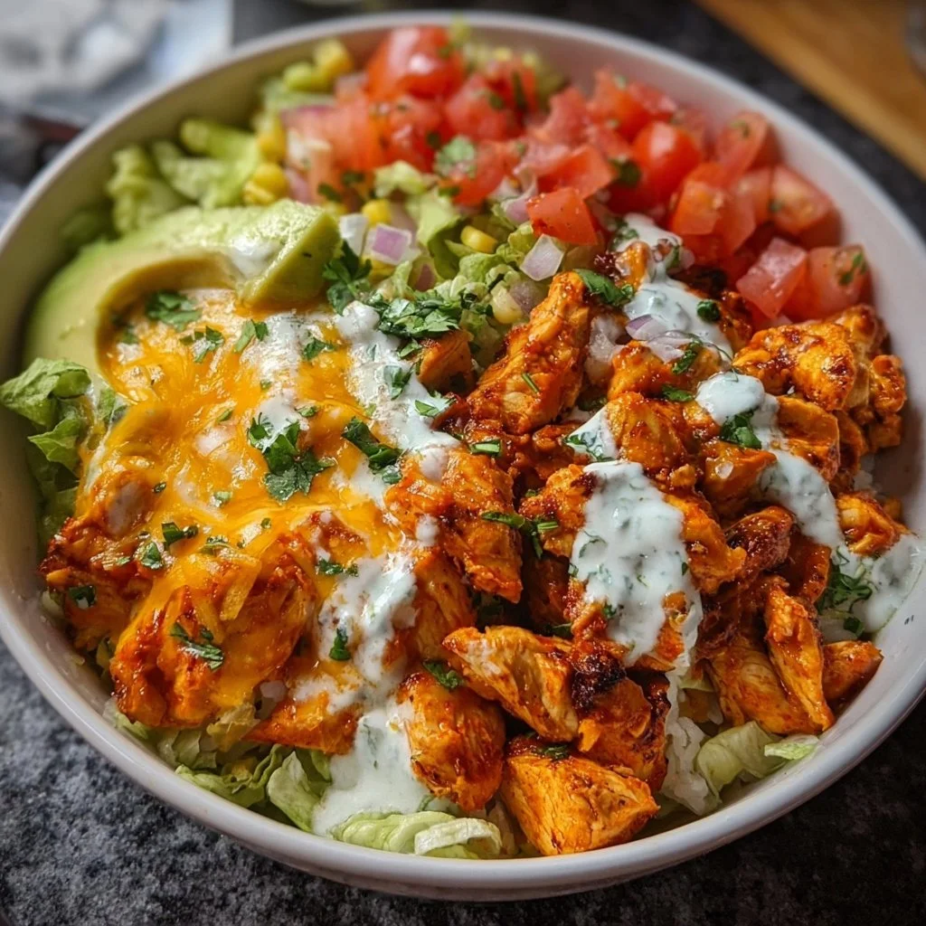 A vibrant bowl of Buffalo Chicken with toppings and ingredients.
