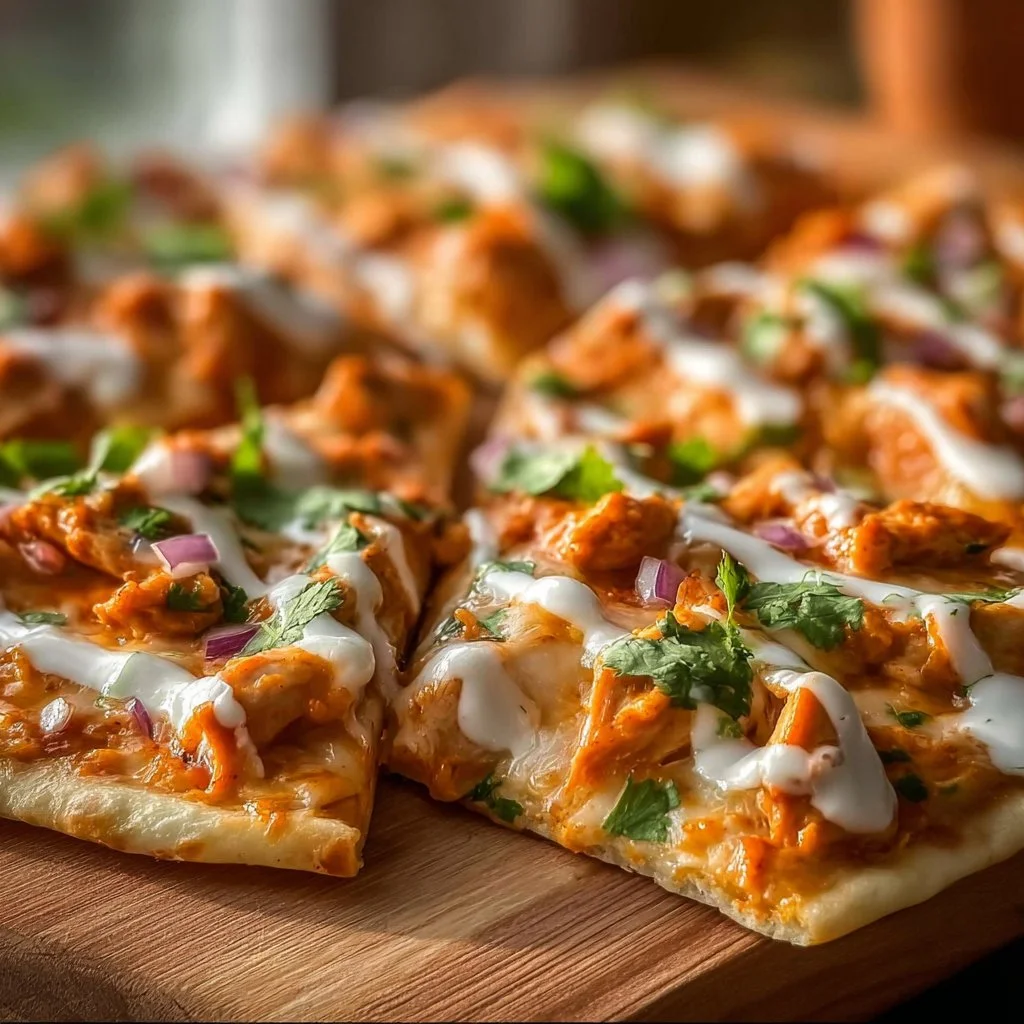 Delicious Buffalo Chicken Flatbread Pizza topped with spicy buffalo sauce and cheese.