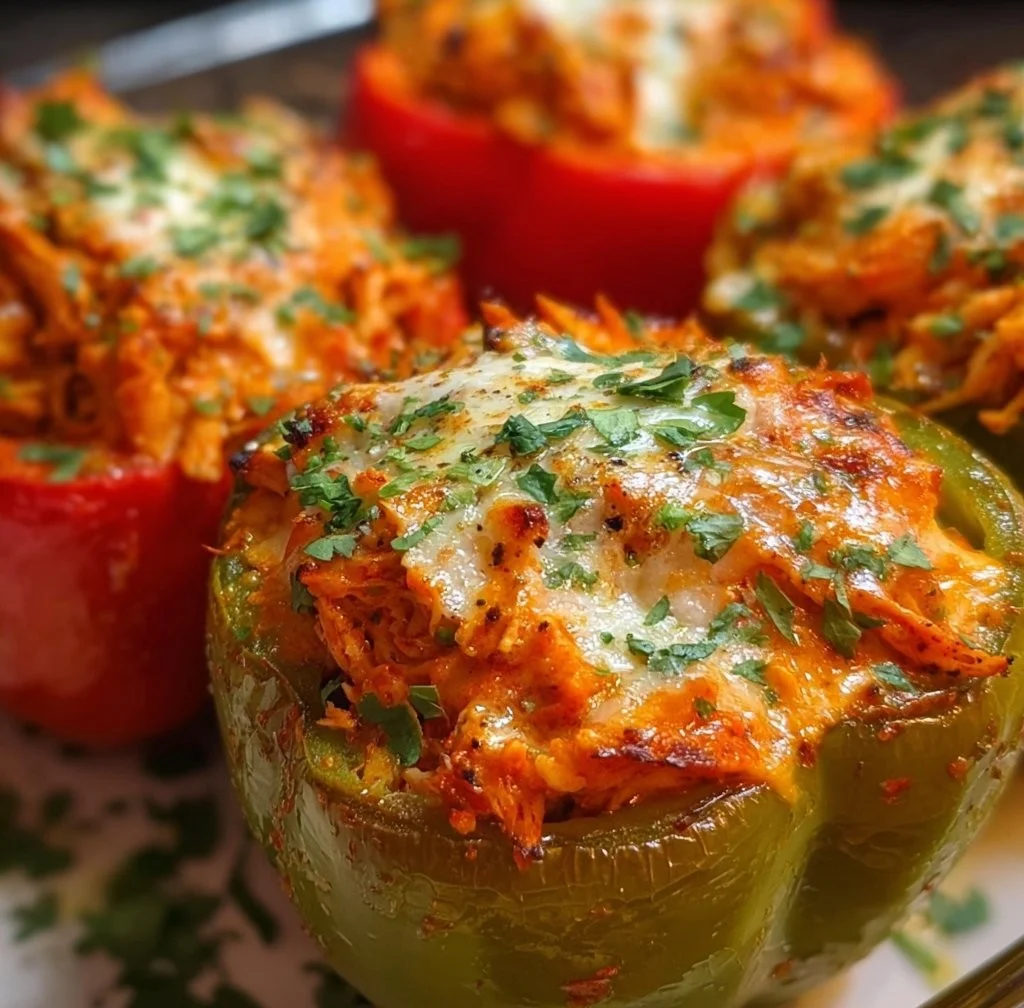 Buffalo Chicken Stuffed Peppers garnished and ready to serve.