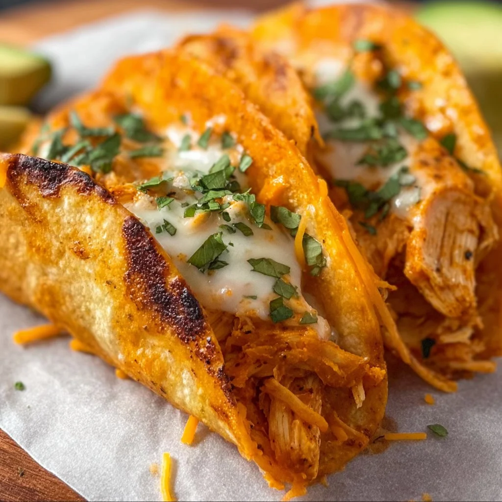Plate of spicy Buffalo Chicken Tacos garnished with fresh ingredients.