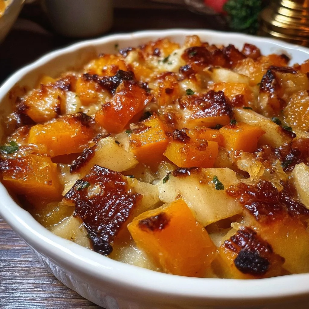 Delicious butternut squash apple bake topped with spices and herbs