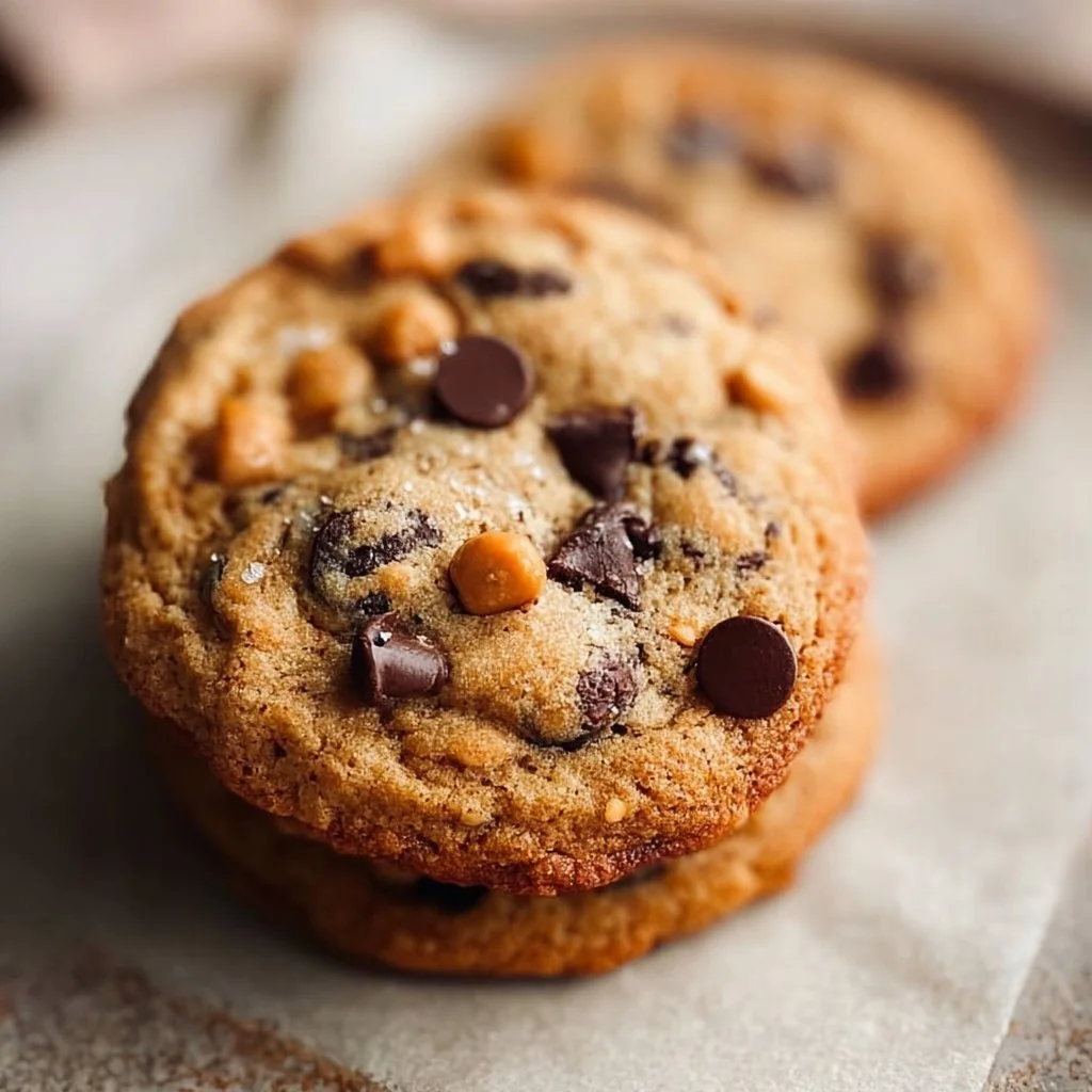 Delicious butterscotch chocolate chip cookies on a rustic wooden table.