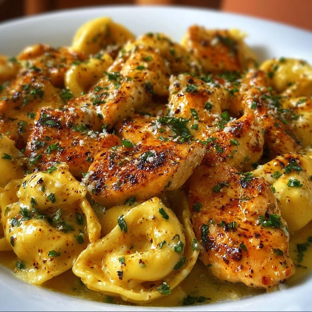 Delicious Cajun Chicken Tortellini served with rich garlic sauce