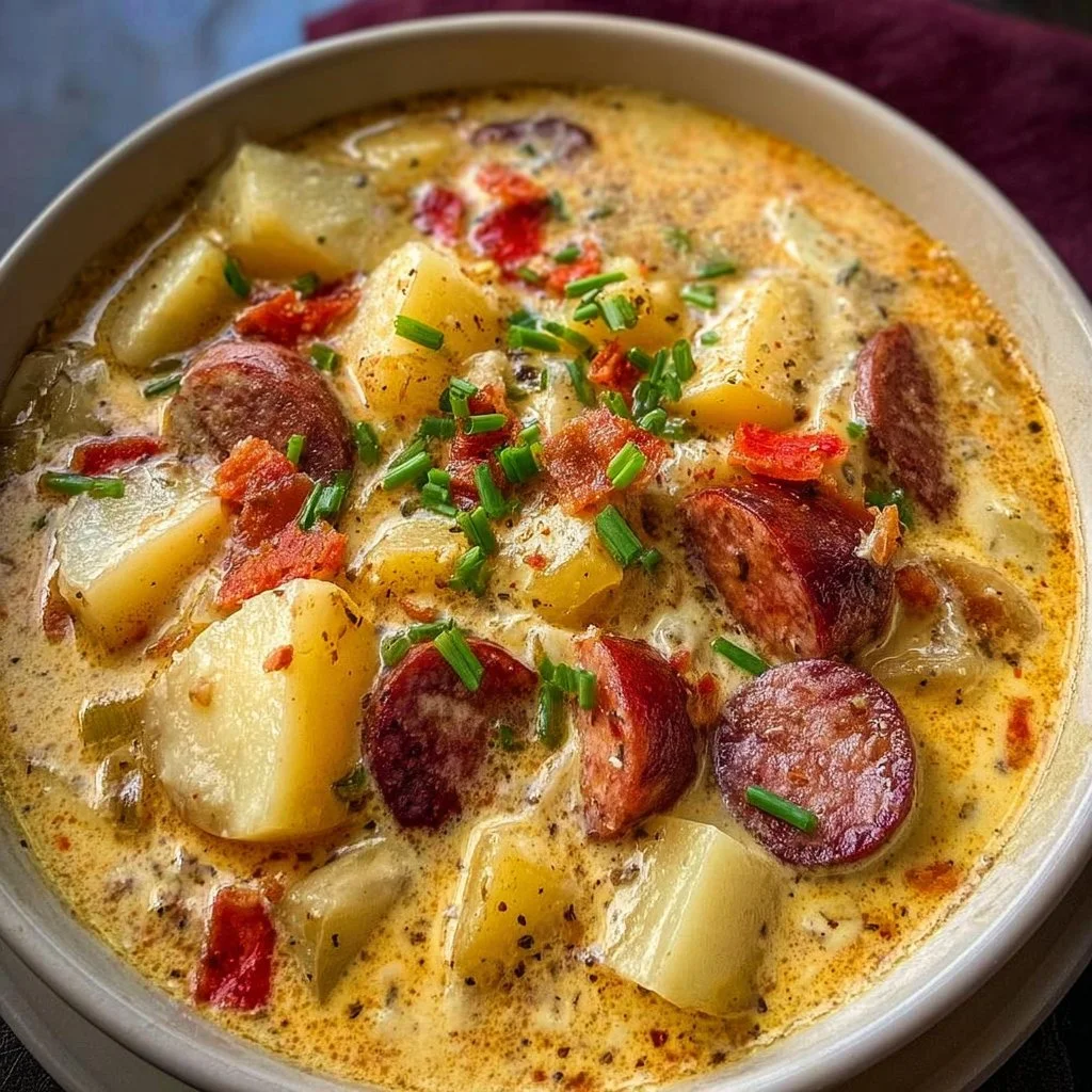 A bowl of delicious Cajun Potato Soup garnished with herbs and spices