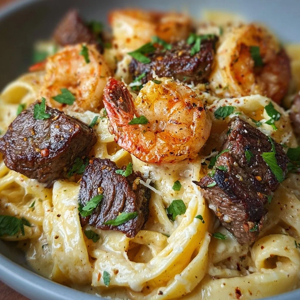 Delicious Cajun Shrimp and Steak Alfredo Pasta served in a creamy sauce