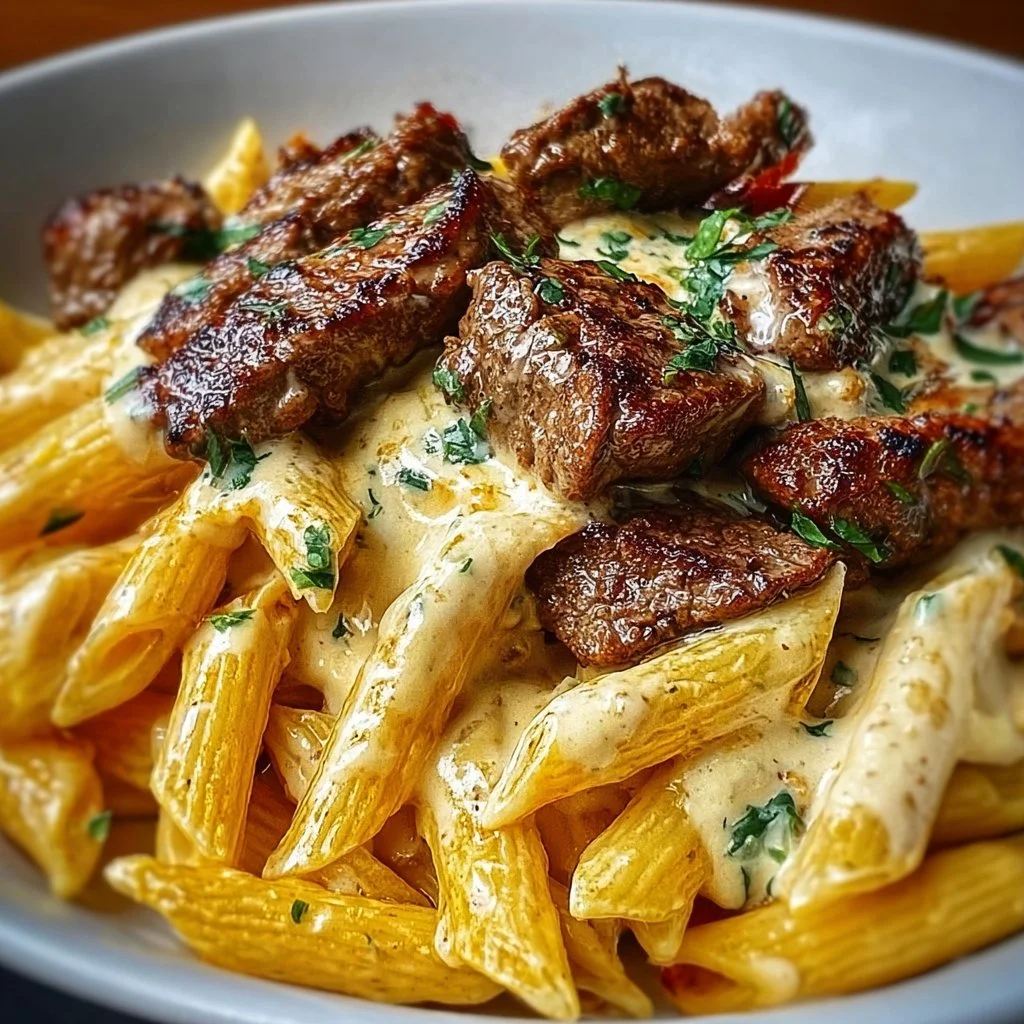 Cajun steak tips with penne in creamy Parmesan cheese sauce on a plate