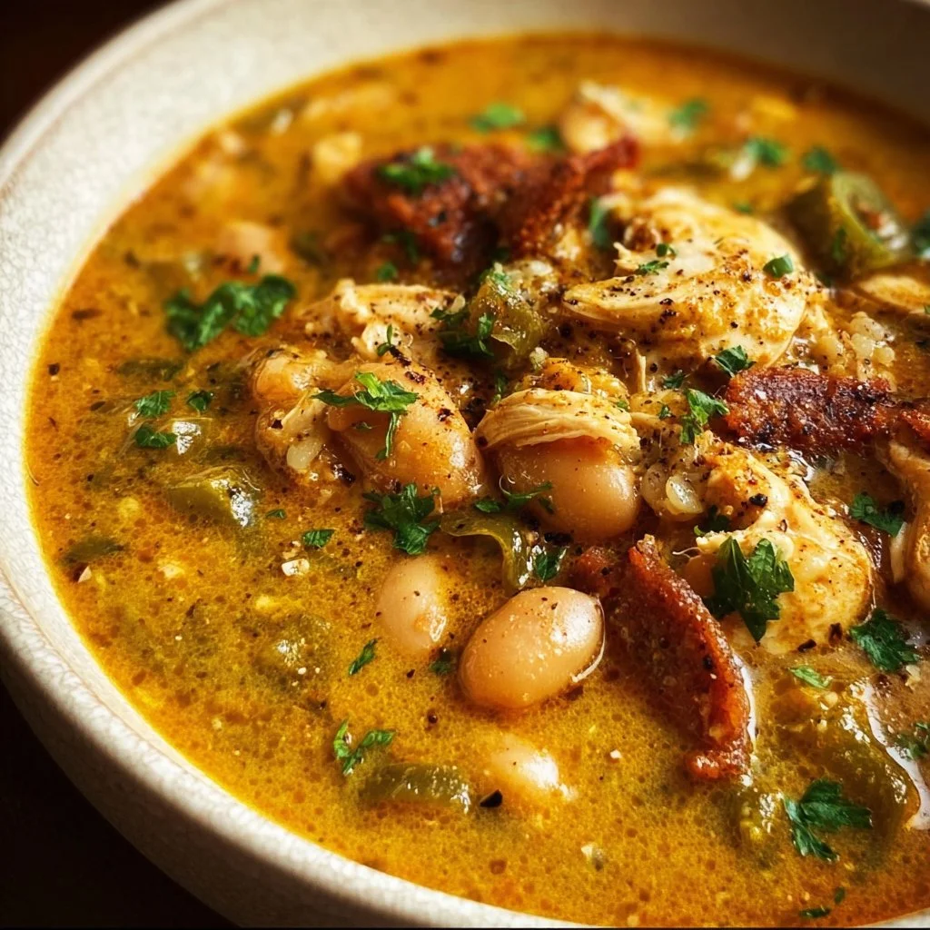 Bowl of Cajun White Chicken Chili garnished with cilantro and jalapeños