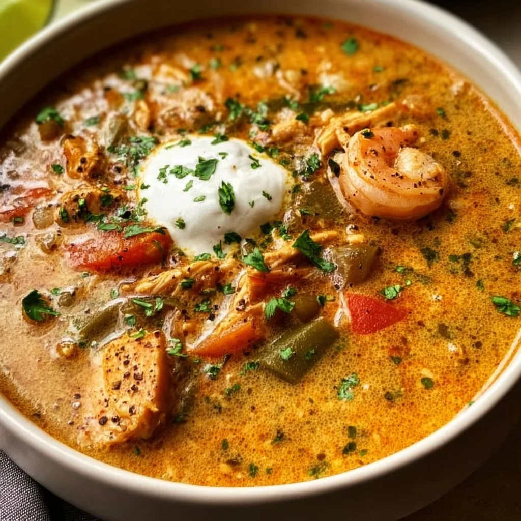 Delicious bowl of Cajun White Chicken Chili topped with fresh herbs