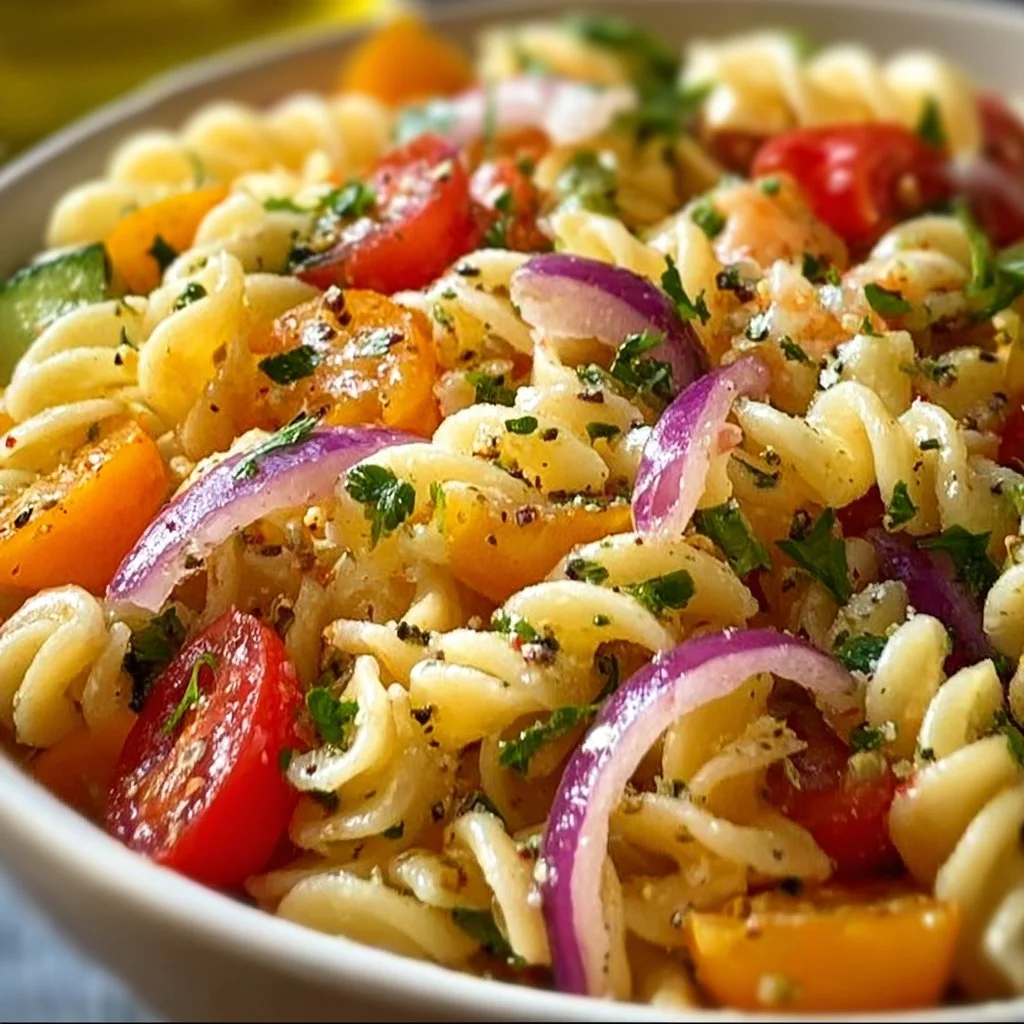 Colorful California Pasta Salad with fresh vegetables and dressing