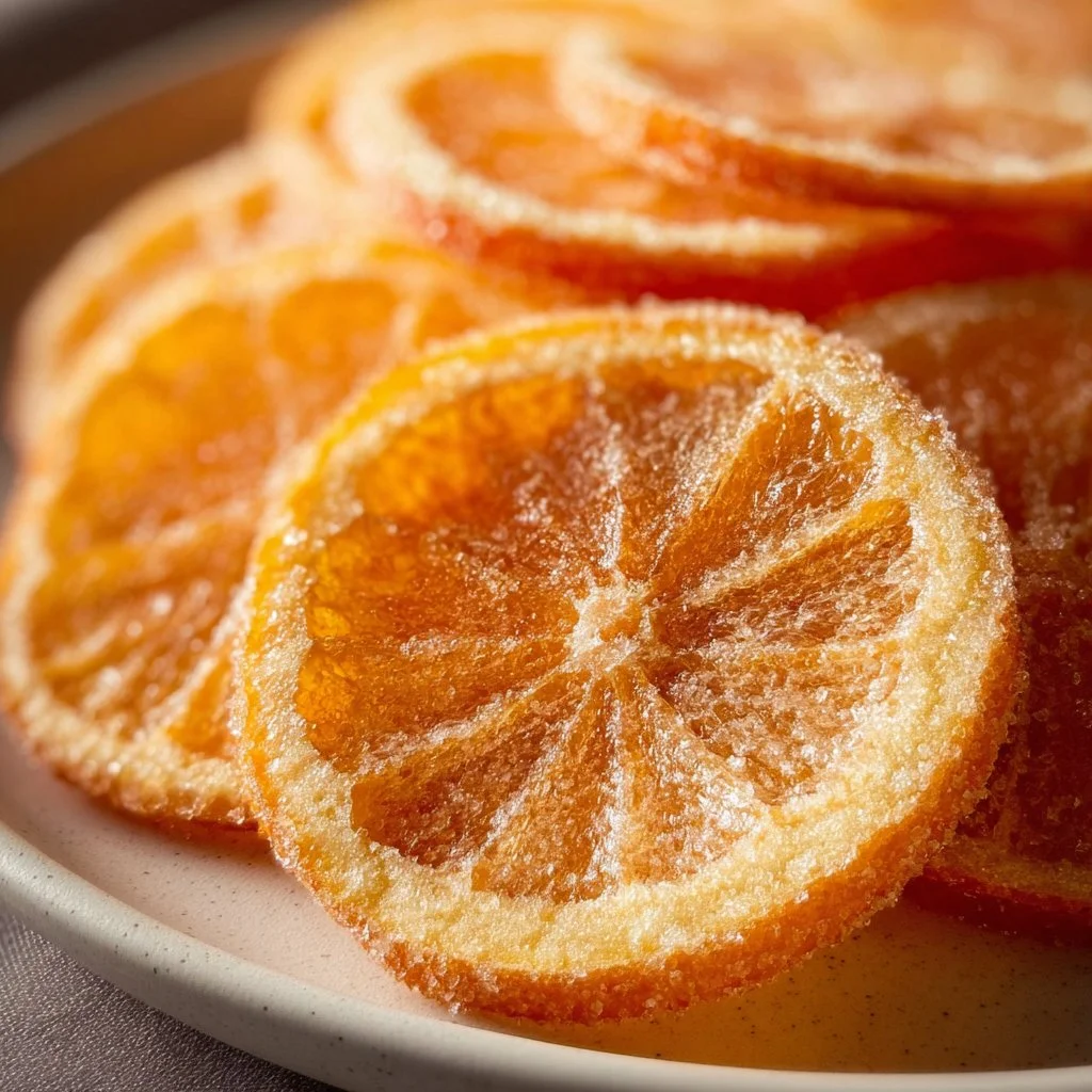 Homemade candied orange slices displayed on a wooden plate