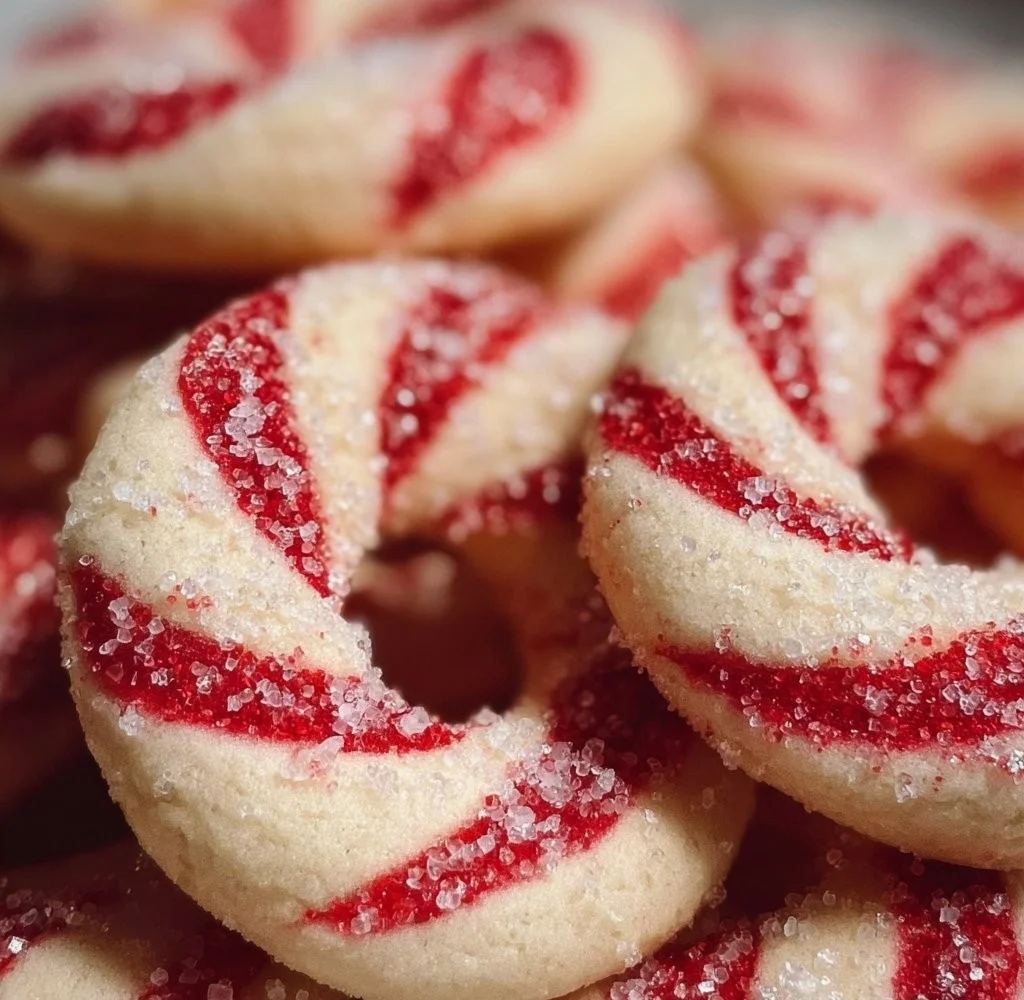 Plate of festive Candy Cane Cookies decorated with red and white icing