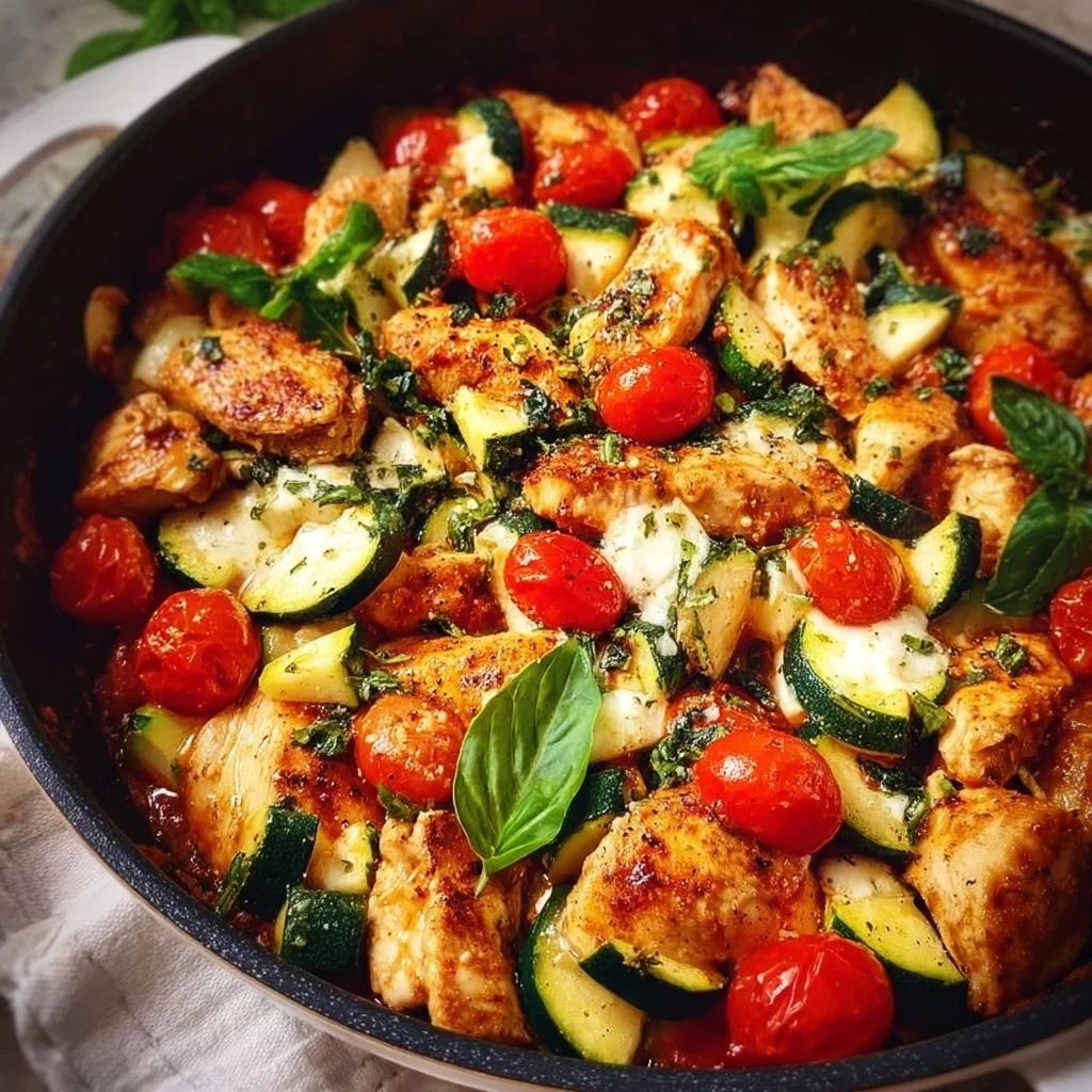 Delicious Caprese Chicken Zucchini Skillet served in a frying pan